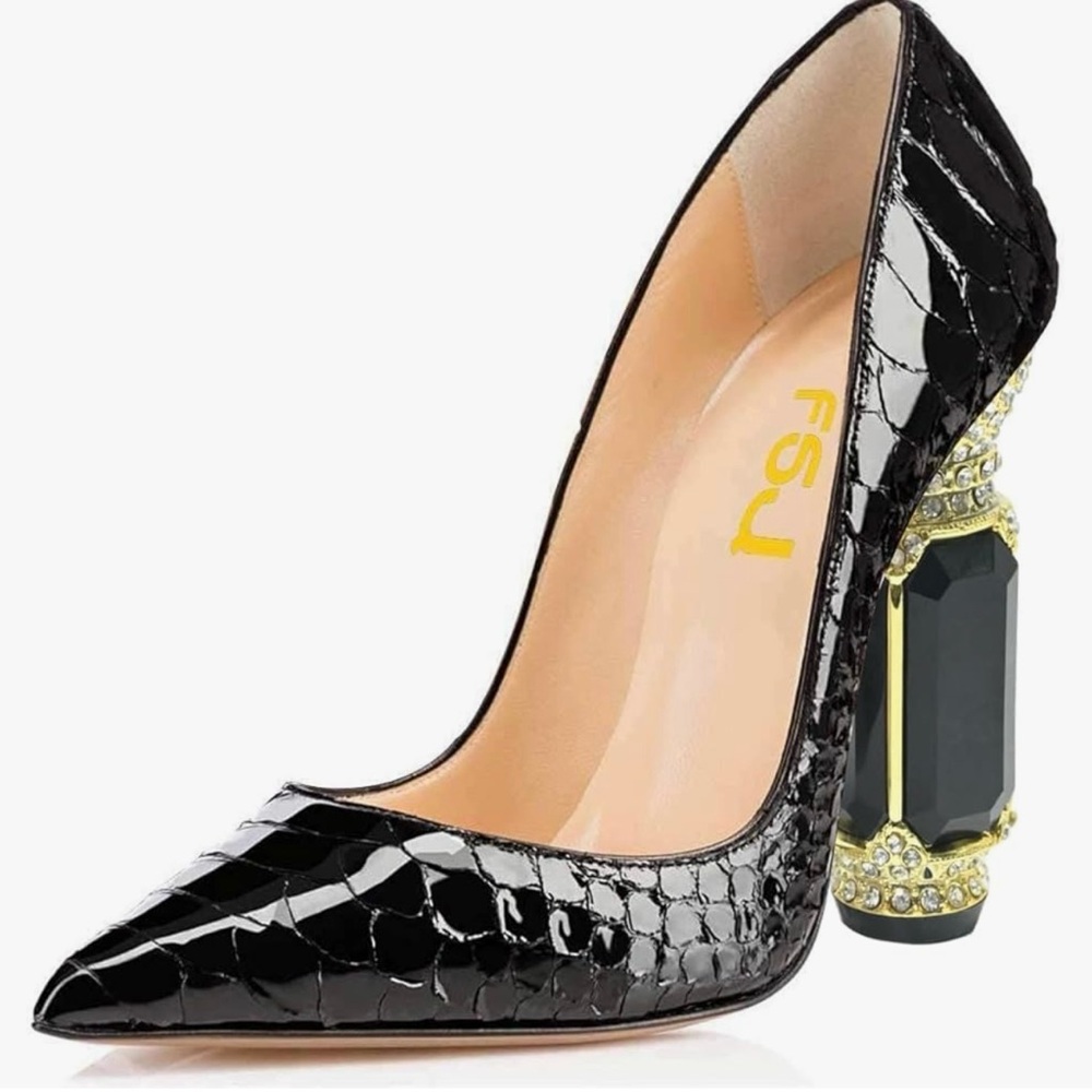 FSJ Black Heels with Pointed Toe and Unique Clear Stiletto Heel